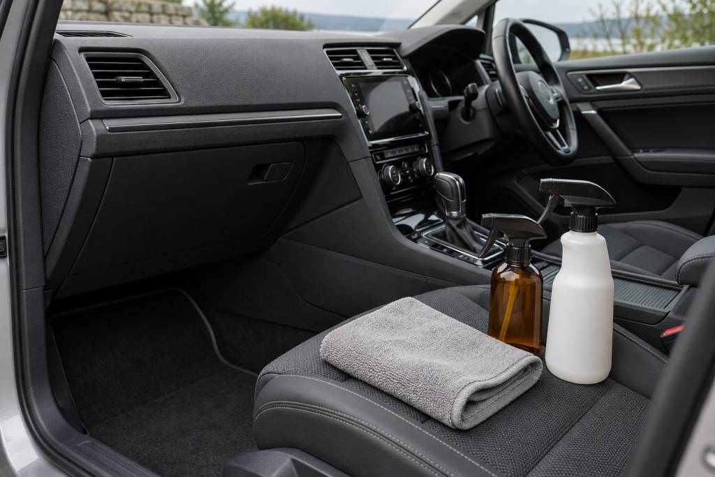 Two unbranded interior-cleaning bottles and a folded cloth beside different car trim finishes