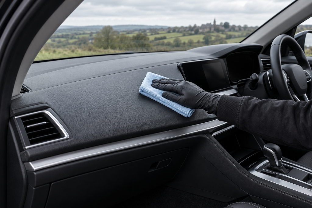 A gloved hand wiping a cool textured dashboard with a folded cloth
