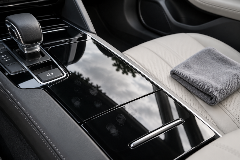 Fingerprints visible in the reflection of piano-black centre-console trim