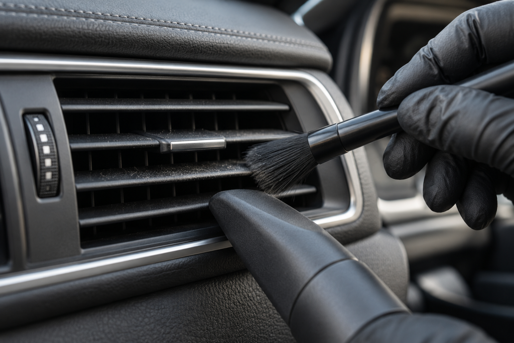 Soft brush tips loosening dust at the visible face of a car air vent beside a vacuum nozzle