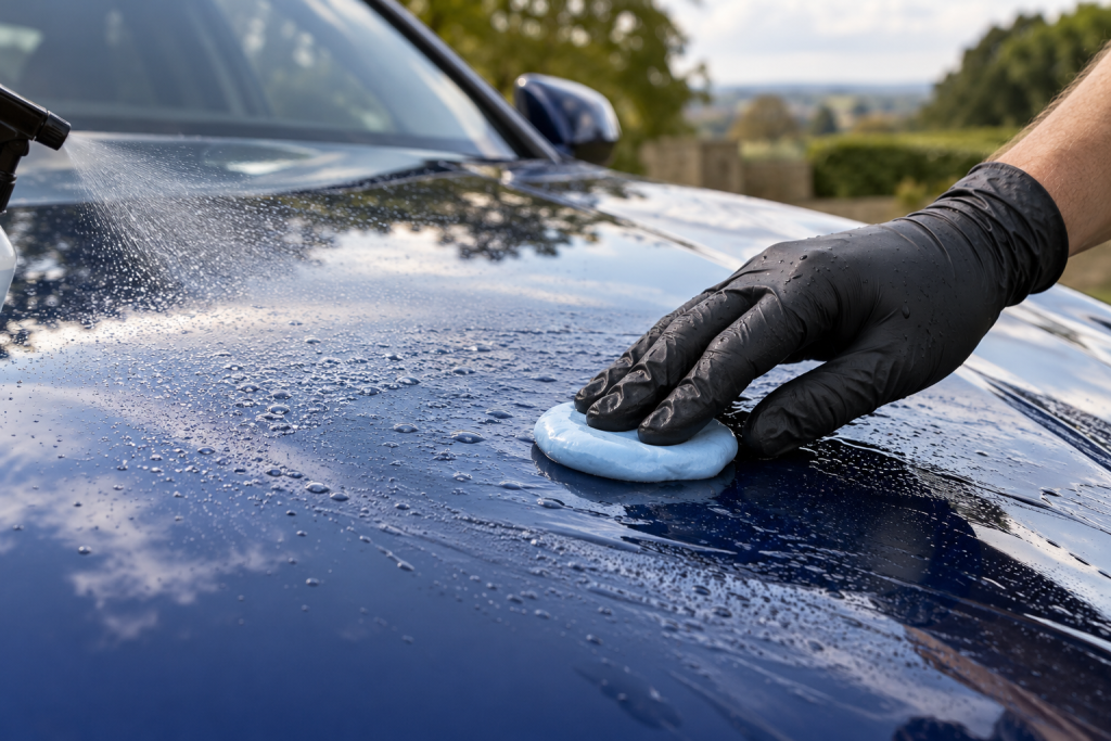 Gloved fingertips guiding clay through a wet lubricated patch on blue paint