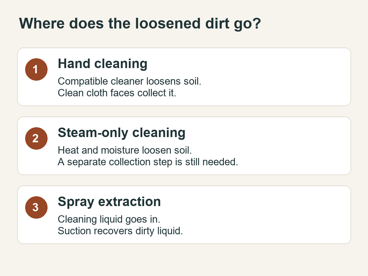 How hand cleaning, steam-only cleaning and spray extraction collect loosened dirt