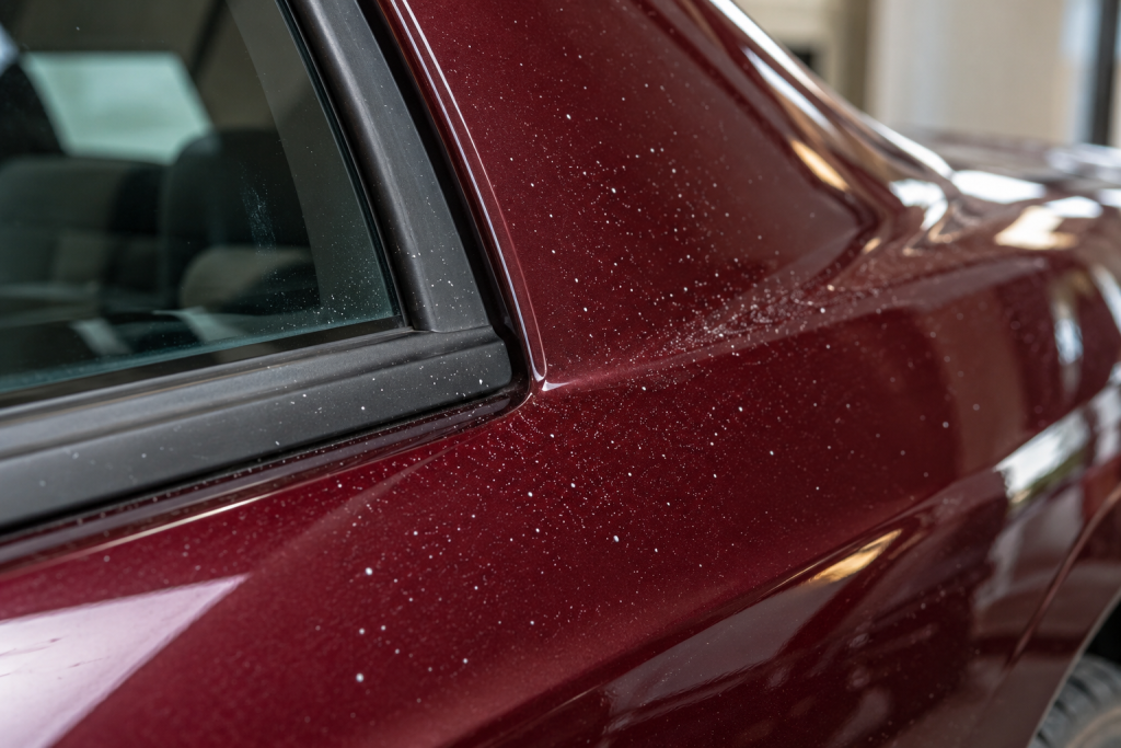 Fine white overspray specks across burgundy paint and adjacent rubber trim