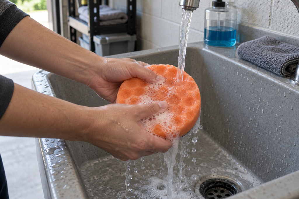 Gently rinsing a detached foam polishing pad