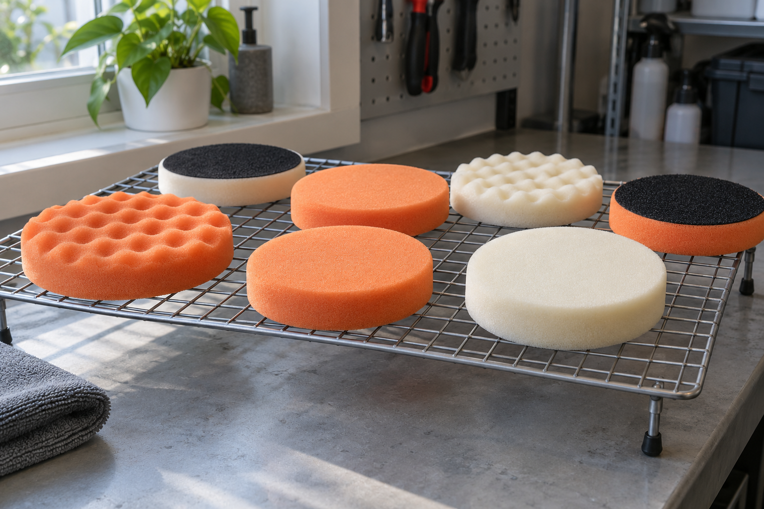 Washed polishing pads drying separately on a raised rack