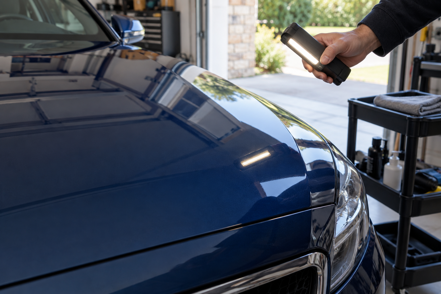 Inspecting the reflection on a clean bonnet at an angle