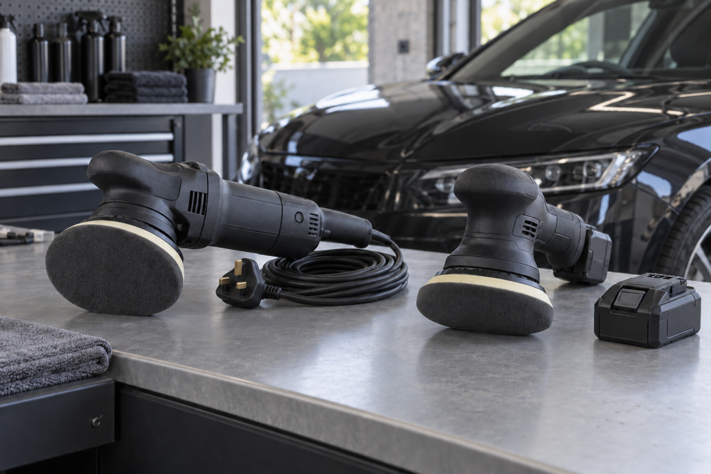 Corded and cordless polishing machines on a clean workbench