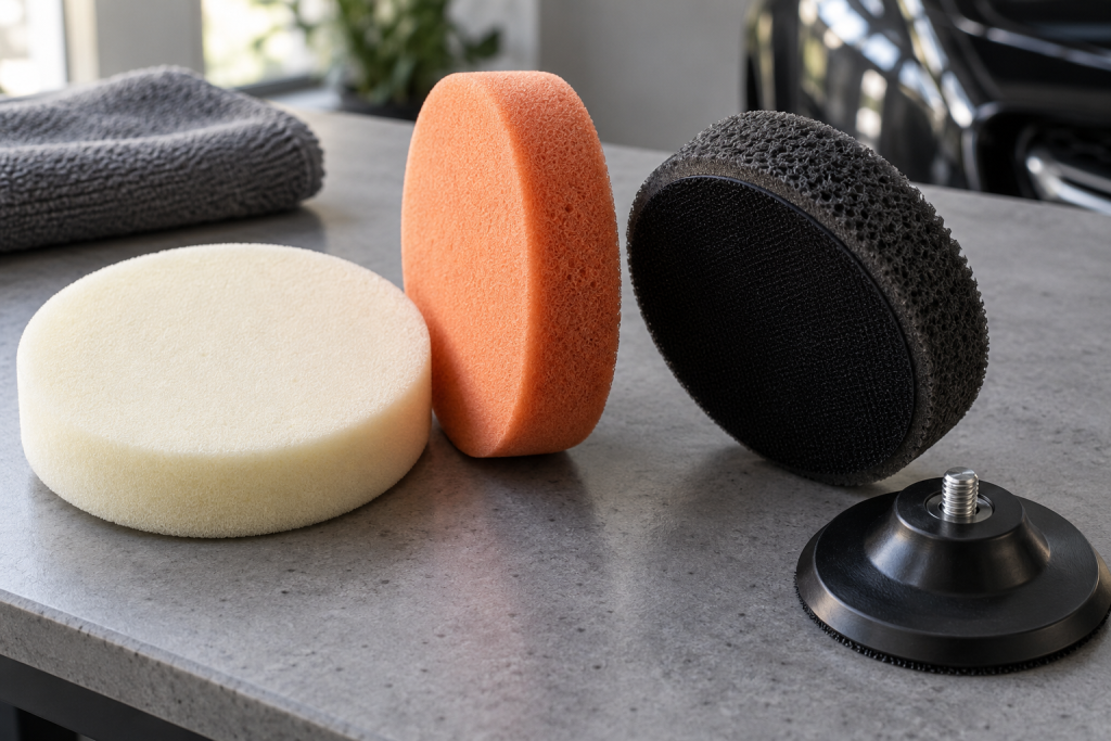 Foam polishing pads showing different faces and backing