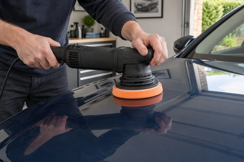 Dual action polisher held flat on a broad car bonnet