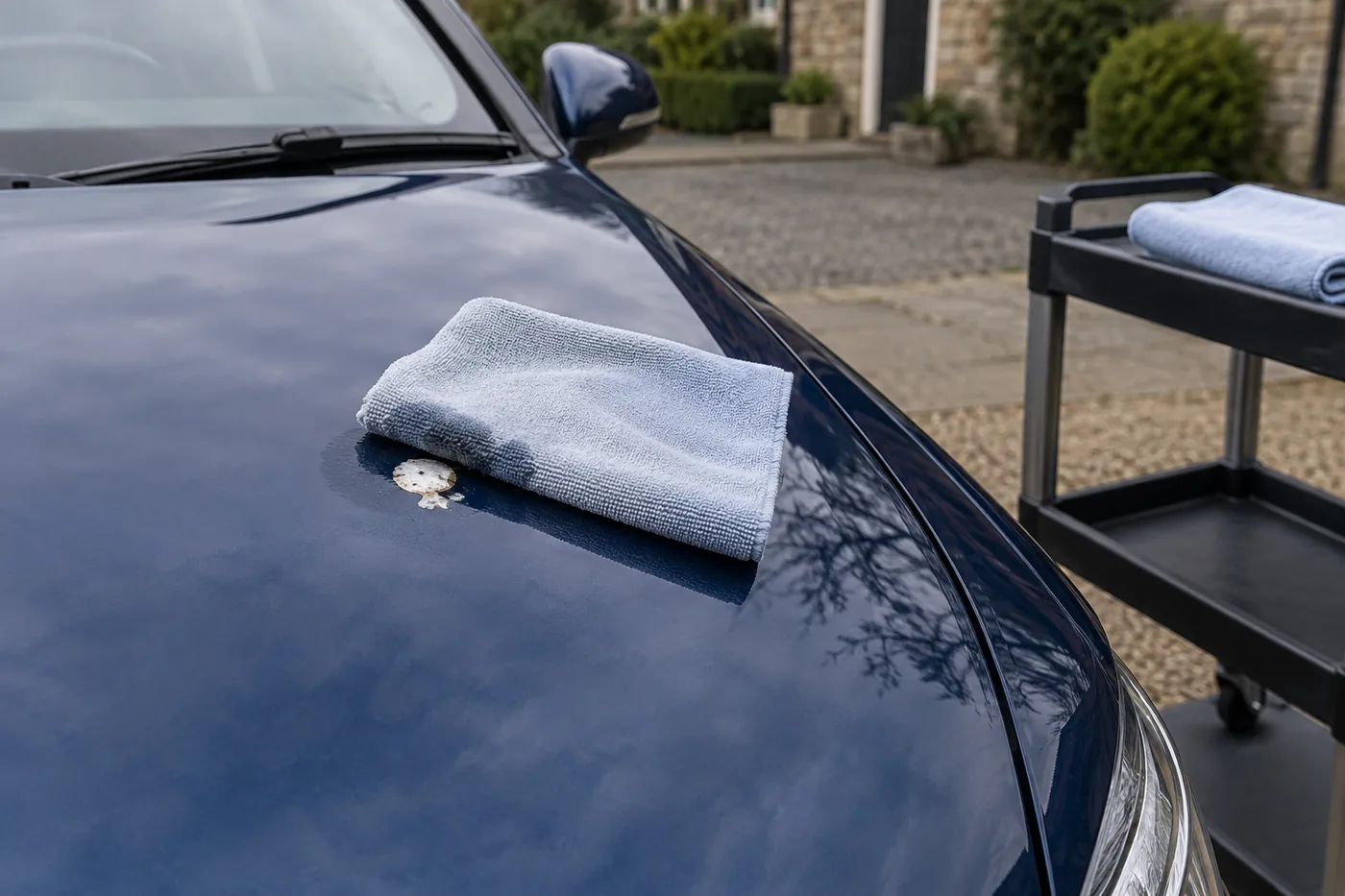 Damp cloth resting over a small softened deposit on car paint