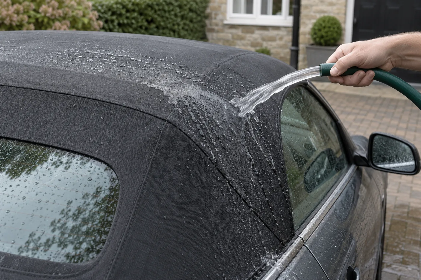Gentle water stream rinsing a fabric convertible roof near a seam