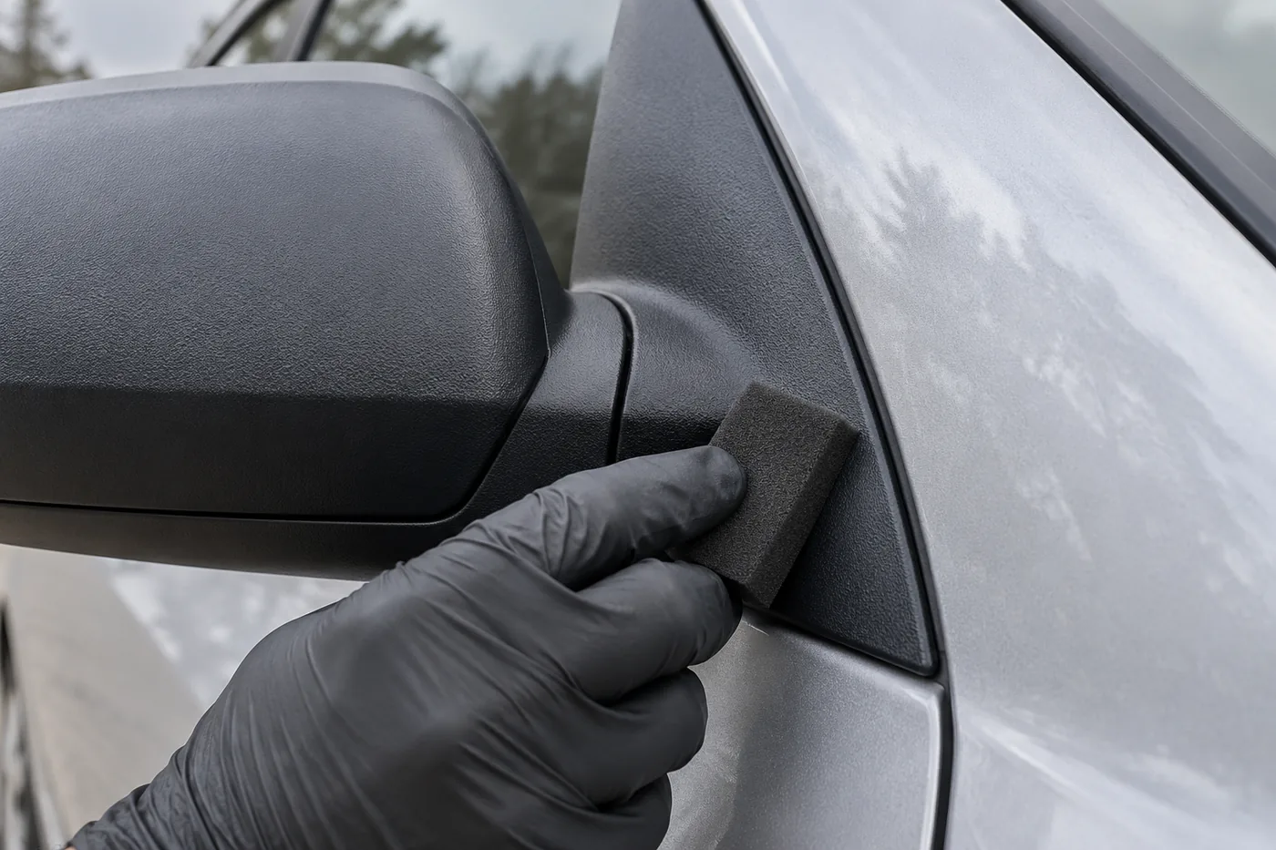 Small foam applicator on textured mirror trim beside the painted edge