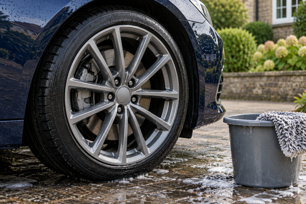 A silver alloy wheel after washing with wheel-only mitt and bucket beside the car