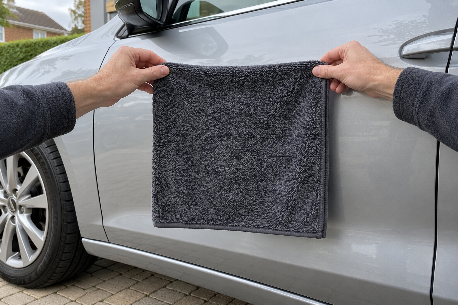 Hands holding a folded microfibre towel clear of the ground beside a car door