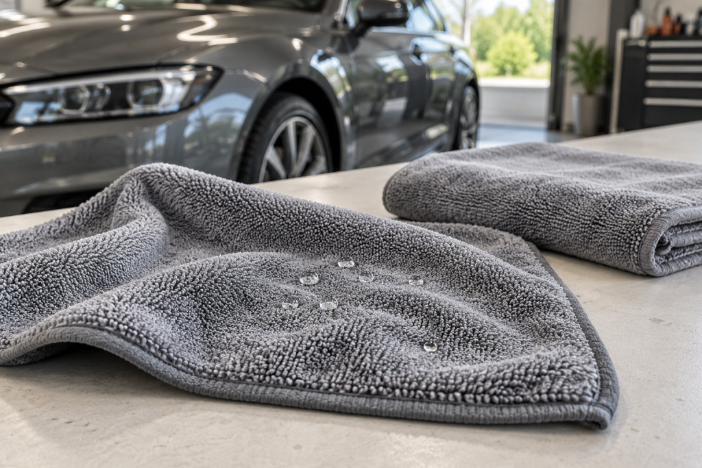 Water droplets on a grey microfibre towel beside a clean spare