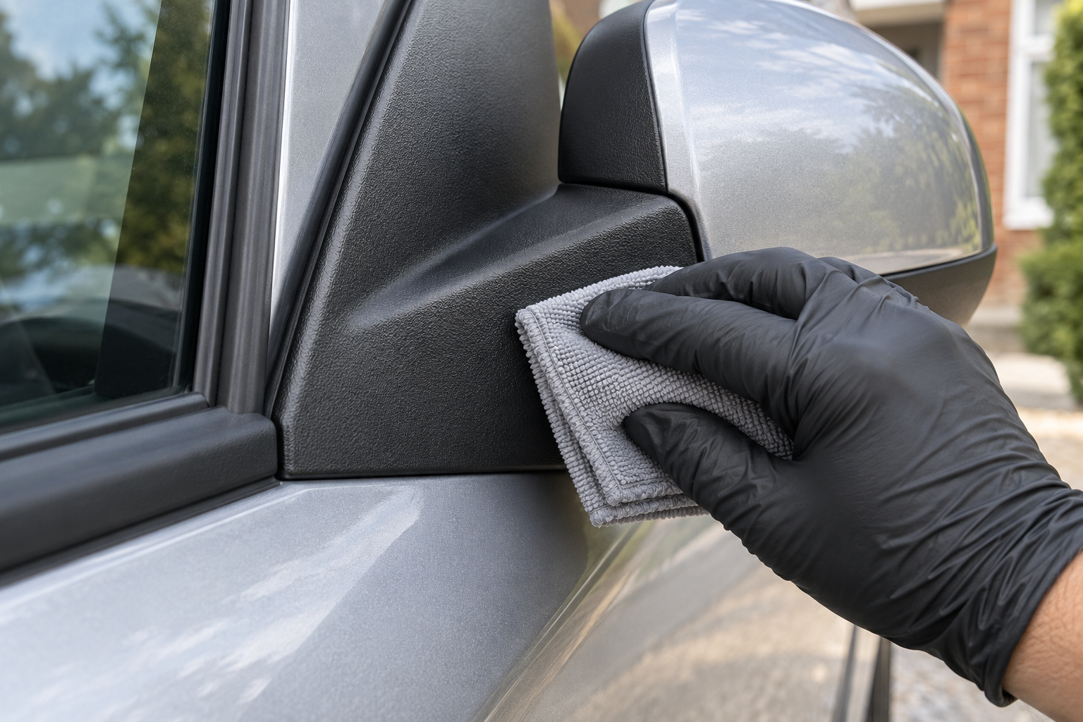 A clean folded microfibre wiping textured exterior plastic beside the paint boundary