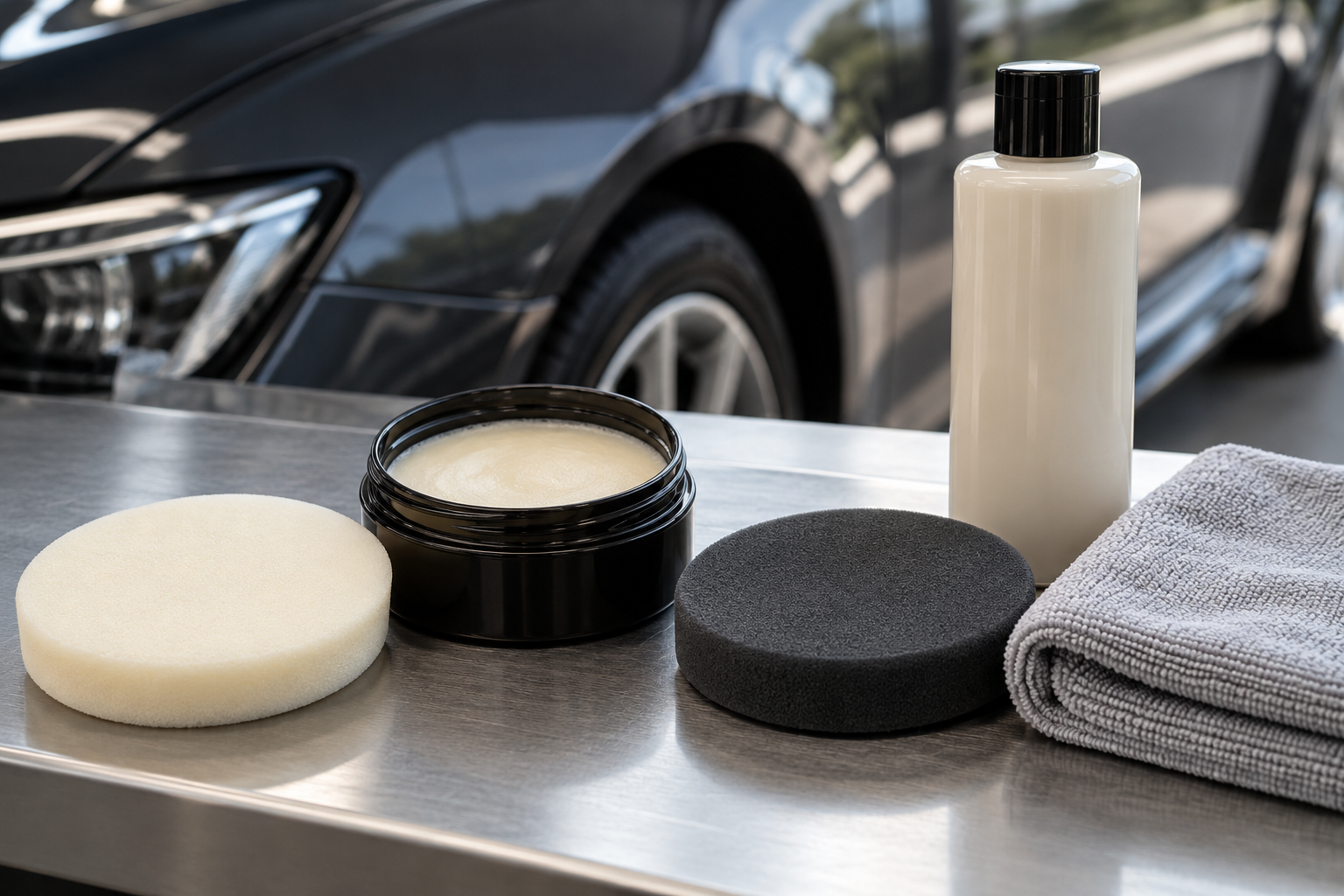 Plain wax pot and liquid bottle beside foam applicators and a folded microfibre cloth