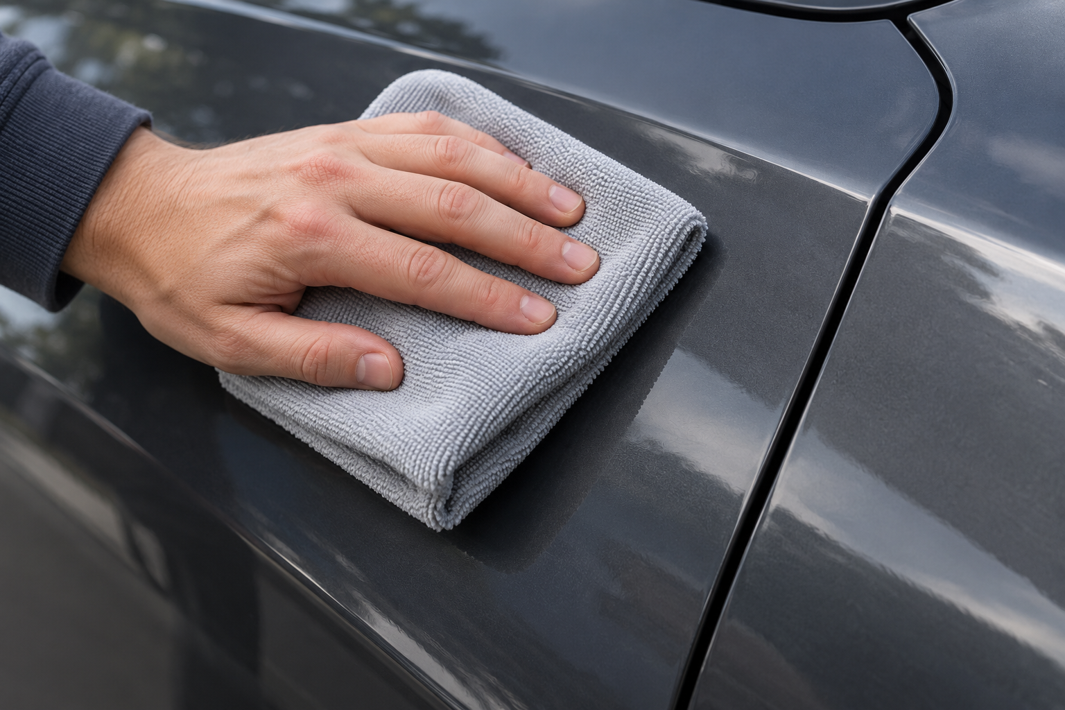 A clean folded microfibre cloth wiping a gloss-painted panel beside a shut line