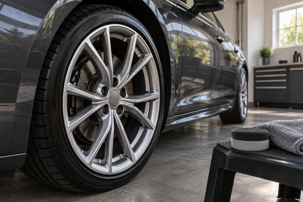 A clean glossy alloy wheel with a foam applicator and folded microfibre nearby