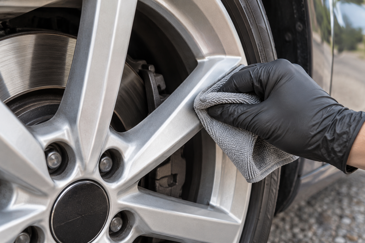 A folded clean microfibre cloth wiping the corner where a silver wheel spoke meets the rim