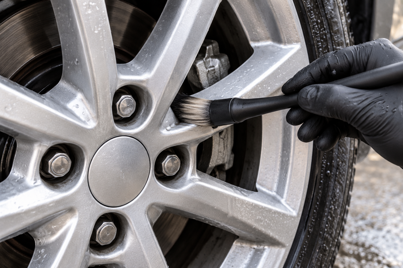 Soft detailing brush reaching the inner corner beside an alloy-wheel bolt recess