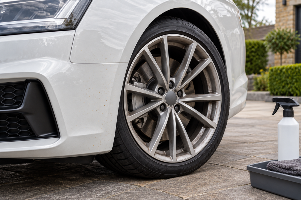 Clear-coated alloy wheel and light paintwork with small surface specks beside an unlabelled spray bottle