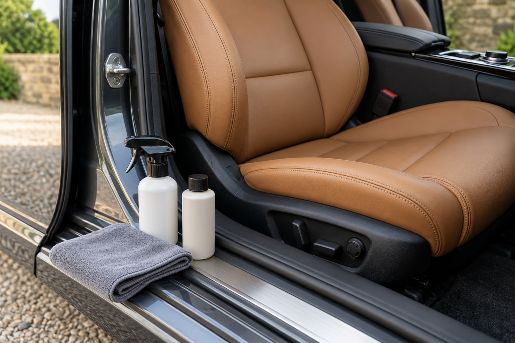 Tan finished leather car seat with plain cleaning bottles and a folded cloth