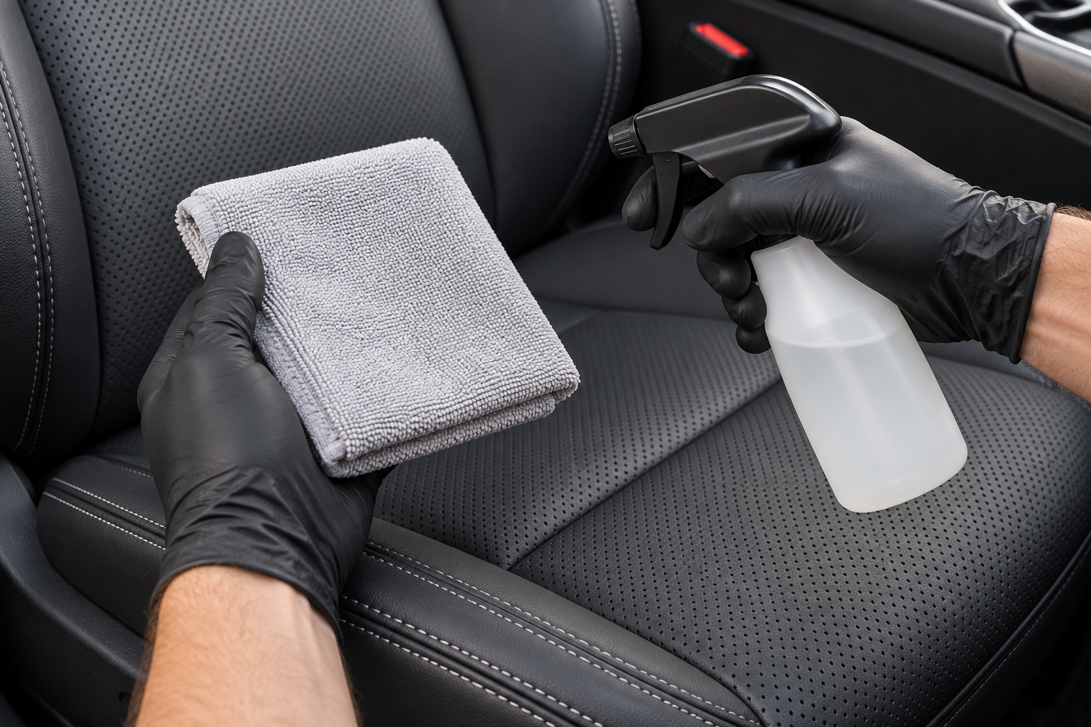 A trigger bottle aimed at a folded cloth held above a perforated car seat
