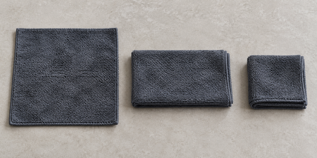 A square microfibre cloth shown flat, folded in half, then folded into quarters
