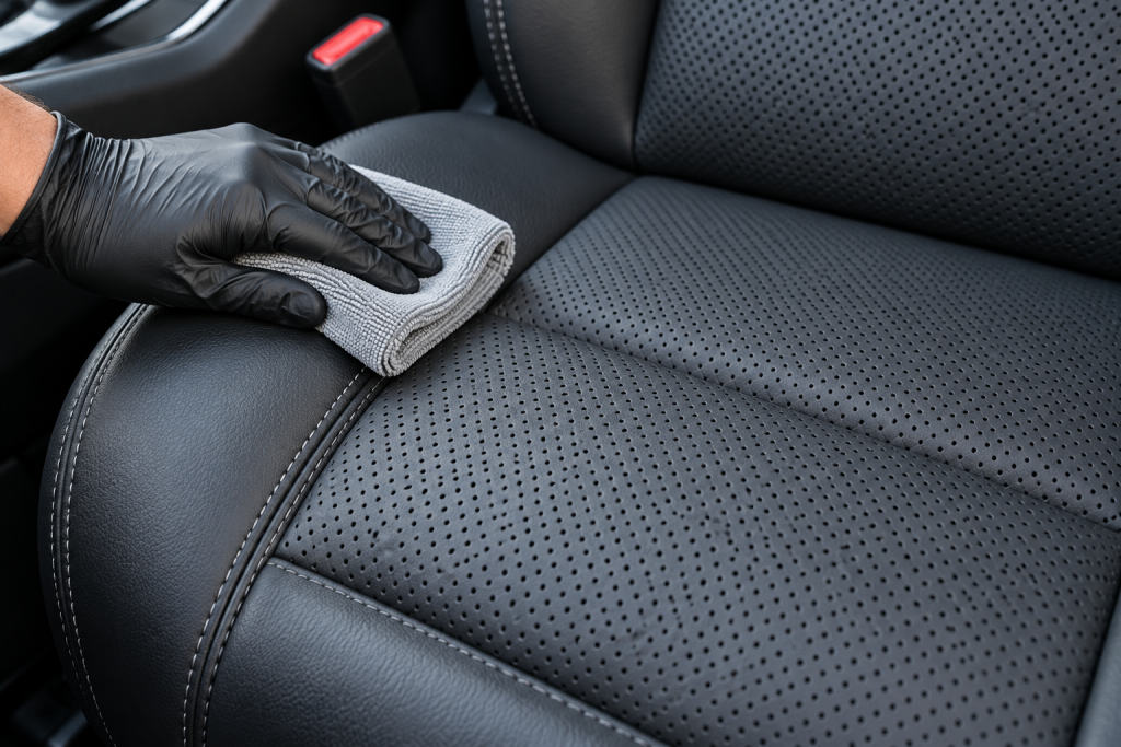 A folded microfibre resting lightly at the edge of a perforated leather seat