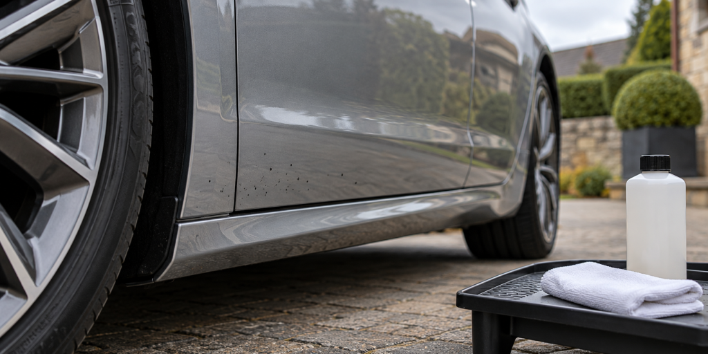Small black deposits on a silver car lower door beside a clean cloth and unlabelled bottle